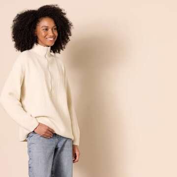 Amazon Essentials Women's Sweaters, Dressy Casual, Mid Gauge Stretch, Half Zip, Polo Collar, Beige, ...