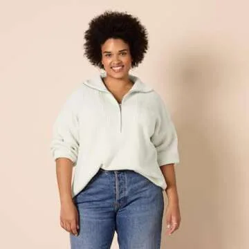 Amazon Essentials Women's Sweaters, Dressy Casual, Mid Gauge Stretch, Half Zip, Polo Collar, Beige, Medium