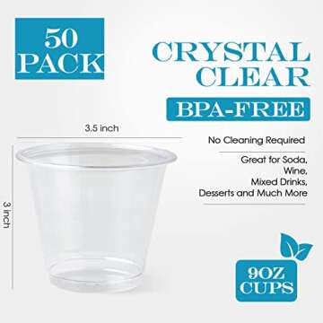 Turbo Bee 50 Pack 9 oz Clear Plastic Cups, Drinking Cups Disposable, Punch Plastic Party Cups for Wine, Juice, Iced Coffee and Cold Beverage