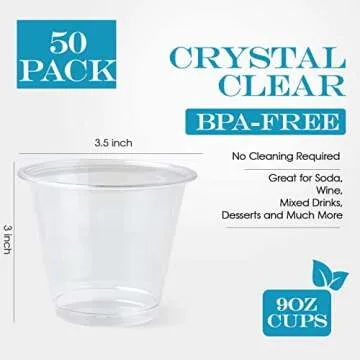 Turbo Bee 50 Pack 9 oz Clear Plastic Cups, Drinking Cups Disposable, Punch Plastic Party Cups for Wine, Juice, Iced Coffee and Cold Beverage