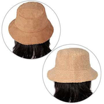 Samtree Reversible Warm Winter Bucket Hat for Women Men, Thick Corduroy Faux Fur Teddy Style Casual Outdoor Fisherman Hat, Camel