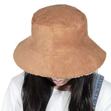 Samtree Reversible Warm Winter Bucket Hat for Women Men, Thick Corduroy Faux Fur Teddy Style Casual Outdoor Fisherman Hat, Camel