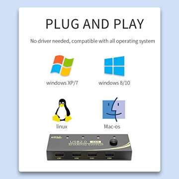 eKL USB 2.0 Sharing Switch 4 Computers in 4 USB Peripheral Out Switcher for PCs Mouse Keyboard Scanner Printer with 4 Pack USB A to A Cable