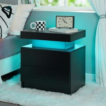 i-aplus Nightstand Set of 2 LED Nightstand with 2 Drawers, Bedside Table with Drawers for Bedroom, Side Bed Table with LED Light, Black