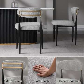 Morden Fort Boucle Dining Chairs Set of 2, Modern Chairs with Curved Backrest and Black Metal Legs for Dining Room, Kitchen, Living Room, Apartment