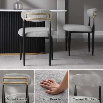 Morden Fort Boucle Dining Chairs Set of 2, Modern Chairs with Curved Backrest and Black Metal Legs for Dining Room, Kitchen, Living Room, Apartment