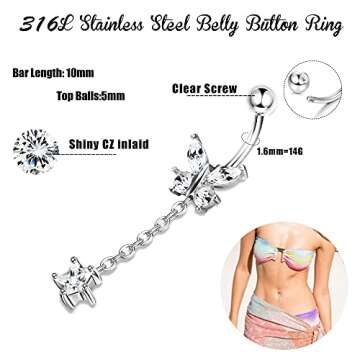 TEN MIRO 14G Belly Button Rings Dangle for Women Surgical Steel Curved Navel Rings Barbell Clear CZ ...