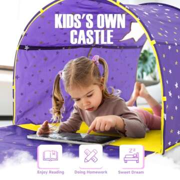 Alvantor Starlight Bed Canopy Dream Kids Play Tents Playhouse Privacy Space Twin Sleeping Indoor Grow in The Dark Stars Boys Girls Toddlers Pop Up Portable Frame Curtains Purple, Patent Pending