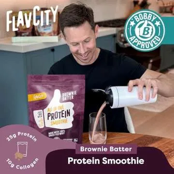 FlavCity All-in-One Protein Powder Smoothie, Brownie Batter - 100% Grass-Fed Whey Protein Powder with 25g Protein & 10g Collagen - Gluten-Free Pre Workout & Post Workout Drink - 20 Servings
