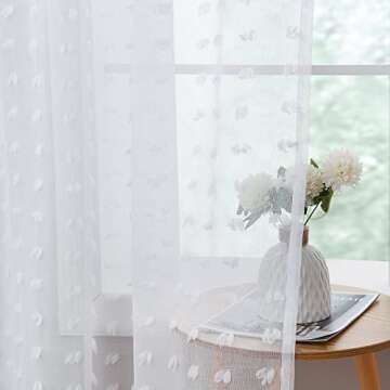Guken Sheer Curtains 96 Inch Length 2 Panels Sets for Living Room Bedroom 38 Inch Width Farmhouse Boho Drapes Light Filtering Pom Pom Curtains Tufted Semi Sheer Kids Rod Pocket,White,W38xL96