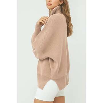 Imily Bela Womens Tunic Sweater Fall Long Sleeve 1/4 Zip Pullover Sweaters Oversized Slouchy Ribbed Knit Sweatshirt with Slit Khaki