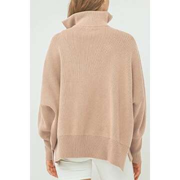 Imily Bela Womens Tunic Sweater Fall Long Sleeve 1/4 Zip Pullover Sweaters Oversized Slouchy Ribbed Knit Sweatshirt with Slit Khaki