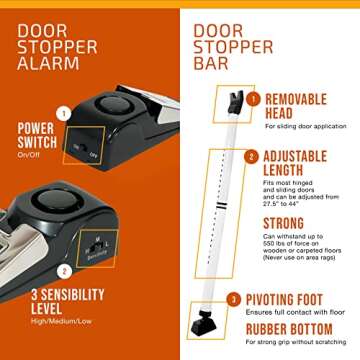 Door Stopper Alarm and Door Security Bar Bundle - House, Apartment, School, Hotel Door Security System, Adjustable Door Stoppers, Sliding Glass Door Security Bar - Lightweight, Portable Doorstops