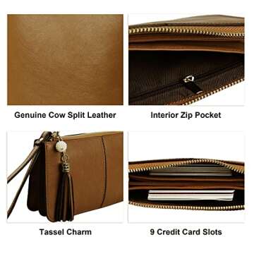befen Women's Genuine Leather Wristlet Clutch Cell Phone Wallet Purses with Credit Card Holder with RFID Blocking (Russet) - Fit iPhone 15 Pro Max