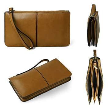 befen Women's Genuine Leather Wristlet Clutch Cell Phone Wallet Purses with Credit Card Holder with RFID Blocking (Russet) - Fit iPhone 15 Pro Max