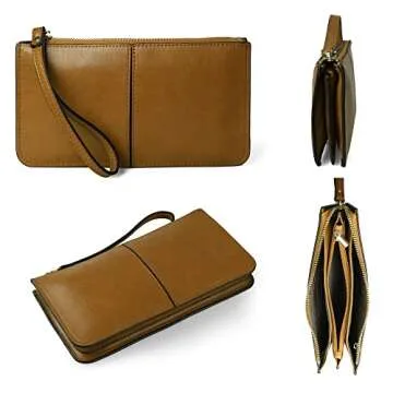 befen Women's Genuine Leather Wristlet Clutch Cell Phone Wallet Purses with Credit Card Holder with RFID Blocking (Russet) - Fit iPhone 15 Pro Max