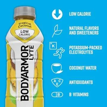 BODYARMOR LYTE Sports Drink Low-Calorie Sports Beverage, Tropical Coconut, Coconut Water Hydration, Natural Flavors With Vitamins, Potassium-Packed Electrolytes, Perfect For Athletes, 16 Fl Oz (Pack of 12)