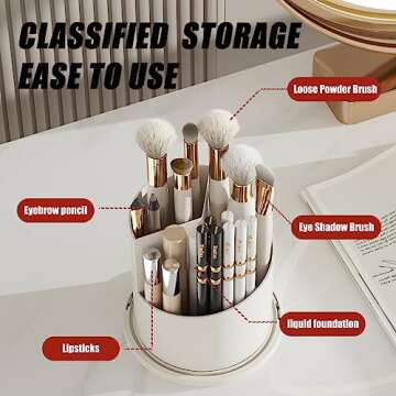 KHNR Makeup Brush Organizer with Lids,360 Rotating Makeup Organizers,Dustproof Makeup Holders and Organizers,Makeup Brushes Organizer for Vanity Desktop Bathroom Countertop,White