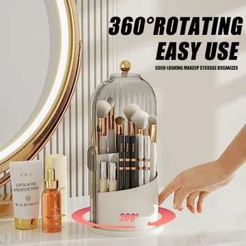 KHNR Makeup Brush Organizer with Lids,360 Rotating Makeup Organizers,Dustproof Makeup Holders and Organizers,Makeup Brushes Organizer for Vanity Desktop Bathroom Countertop,White