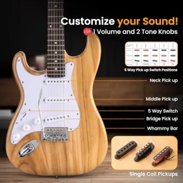 Pyle Full Size Left Handed Electric Guitar Kit with 5W Amplifier, Gig Bag, Picks, Spare Strings, and Strap, ST-Style Beginner Guitar Bundle with 22 Frets, Paulownia Wood Body, Natural