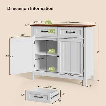 Gizoon Kitchen Sideboard Buffet Cabinet, 32'' H Large Kitchen Storage Island and Adjustable Shelf, M...