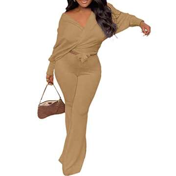 Remelon Womens Fall Rib-Knit 2 Piece Outfits V Neck Wrap Knot Crop Top Bodycon Wide Leg Pants Jogger...