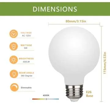 MEILUX 6 Pack G25(G80) Globe LED Light Bulbs, 5W Dimmable 40 Watt Equivalent LED Edison Bulbs, Neutr...