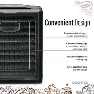 Gourmia GFD1950 Premium Electric Food Dehydrator Machine - Digital Timer and Temperature Control - 9 Drying Trays - Perfect for Beef Jerky, Herbs, Fruit Leather - BPA Free - Black