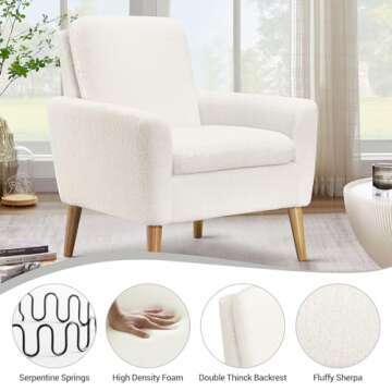 Lohoms Sherpa Accent Chair White Teddy Fabric Upholstered Comfortable Arm Chair Comfy Reading Chairs for Bedroom, Living Room Chair Small Sofa Chair with Wood Legs