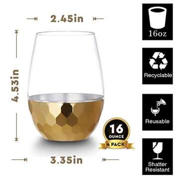 HOMIP Unbreakable Stemless Wine Glasses - 16 oz White and Red Wine Plastic Tumbler - Outdoor Pool Safe Disposable Shatterproof Gold Cocktails & Scotch Wine Goblet for Homes, Camping - Set of 4