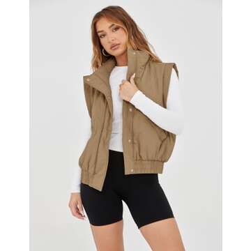 UANEO Womens Crop Vest Cropped Puffer Vest Quilted Lightweight Padded Gilet with Pockets(Khaki-L)