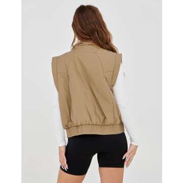 UANEO Womens Crop Vest Cropped Puffer Vest Quilted Lightweight Padded Gilet with Pockets(Khaki-L)