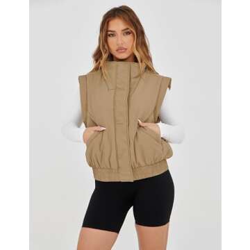 UANEO Womens Crop Vest Cropped Puffer Vest Quilted Lightweight Padded Gilet with Pockets(Khaki-L)