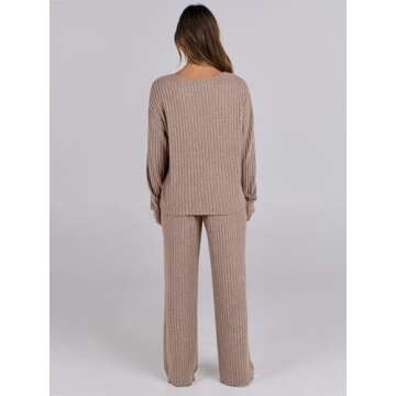 ANRABESS Women 2 Piece Lounge Pajamas Sets Casual Ribbed Knit Long Sleeve Top Pants Matching Set 2025 Fall Outfits Clothes Khaki Medium