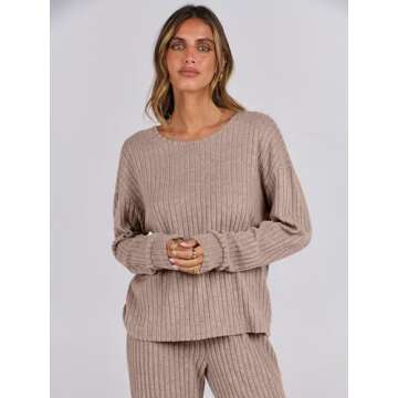 ANRABESS Women 2 Piece Lounge Pajamas Sets Casual Ribbed Knit Long Sleeve Top Pants Matching Set 2025 Fall Outfits Clothes Khaki Medium