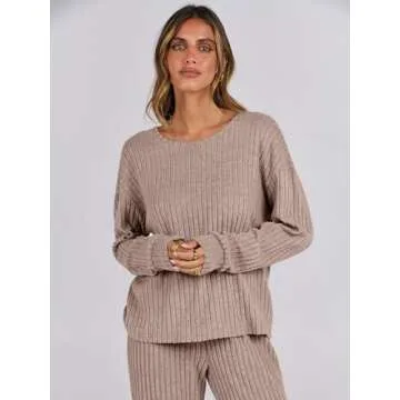 ANRABESS Women 2 Piece Lounge Pajamas Sets Casual Ribbed Knit Long Sleeve Top Pants Matching Set 2025 Fall Outfits Clothes Khaki Medium