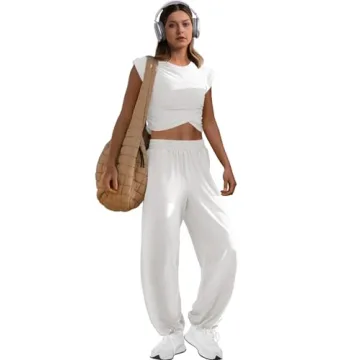 LAMISSCHE Women's Soft 2-Piece Loungewear Set Cropped Top Wide Pants
