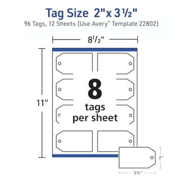 Avery Blank Printable Tags with Sure Feed, 2" x 3.5", White, 96 Customizable Tags with String, Great for Branding, Gift Tags, Price Tags, and More (22802)