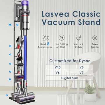 Lasvea Vacuum Stand for Dyson V6, V7, V8, V10, V11, V12, V15 Cordless Cleaners - Heavy Base Metal Bracket Holder with Trigger Lock, On/Off Control Clamp, Accessory & Attachment Storage