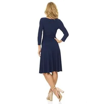 Rekucci Women's Slimming 3/4 Sleeve Fit-and-Flare Crossover Tummy Control Dress (2 Short, Navy)