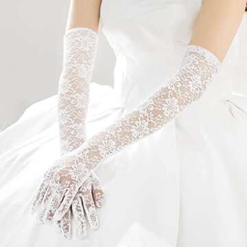 Campsis Floral Lace Gloves Long White Lace Gloves Wedding Opera Party 1920s Flapper Lace Glove for Dinner Parties