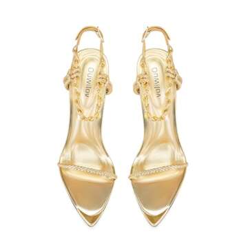 Ouwilov Metallic Gold Stiletto Heels with Adjustable Strap Luxurious Gold Chain Accent and Cushioned...