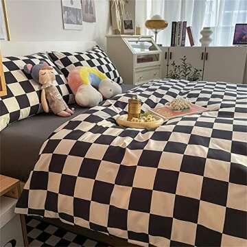 Wellboo Black White Plaid Comforter Sets Twin Women Men Black and White Checkerboard Grid Bedding Comforters Cotton Boys Girls Modern Black Checkered Geometric Quilts Luxury Abstract White Bedding