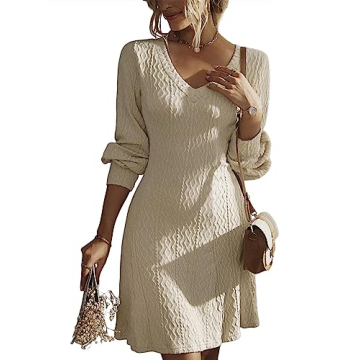 Dokotoo Winter Dresses for Women Long Sleeve Work Dress V Neck Knit Ribbed A Line Holiday Dress Pull...