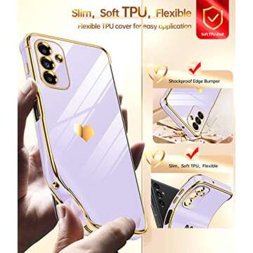 LeYi for Samsung A13 5G Case Case with Love Heart Tempered Glass Screen Protector [2 Pcs]+ Full Camera Lens Protection for Women Girl, Plating Luxury Soft Silicone Shockproof Case for A13 5G Purple