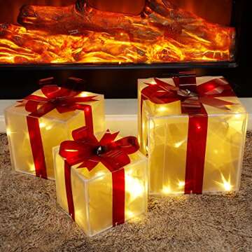 Twinkle Star Set of 3 Christmas Lighted Gift Boxes, Xmas Tree Skirt Ornament, Light Up Indoor Outdoor Pathway Present Box Holiday Party Yard Decorations