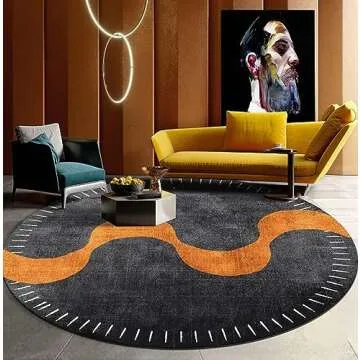 Black Orange Mid Century Modern Minimalist Abstract Round Area Rug 10ft Washable Wool Circle Rug for...