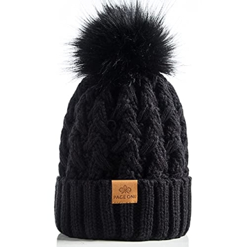 PAGE ONE Women's Winter Ribbed Beanie with Pompom - Soft & Warm Knit Hat in Black
