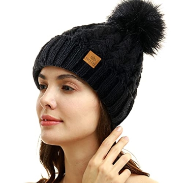 Womens Winter Pompom Beanie - Soft Ribbed Knit Hat