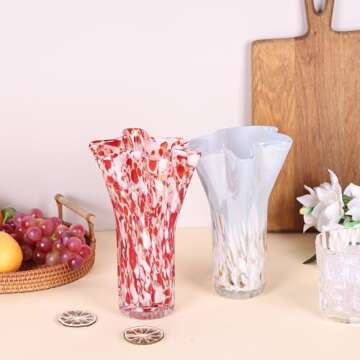 LCCCK Red Glass Vase for Flower Decorative, Hand Blown Glass Vase for Modern Table Centerpiece, Beautiful Glass Vases Home Decor, Murano Blown Glass Decor for Entrance Wedding Center
